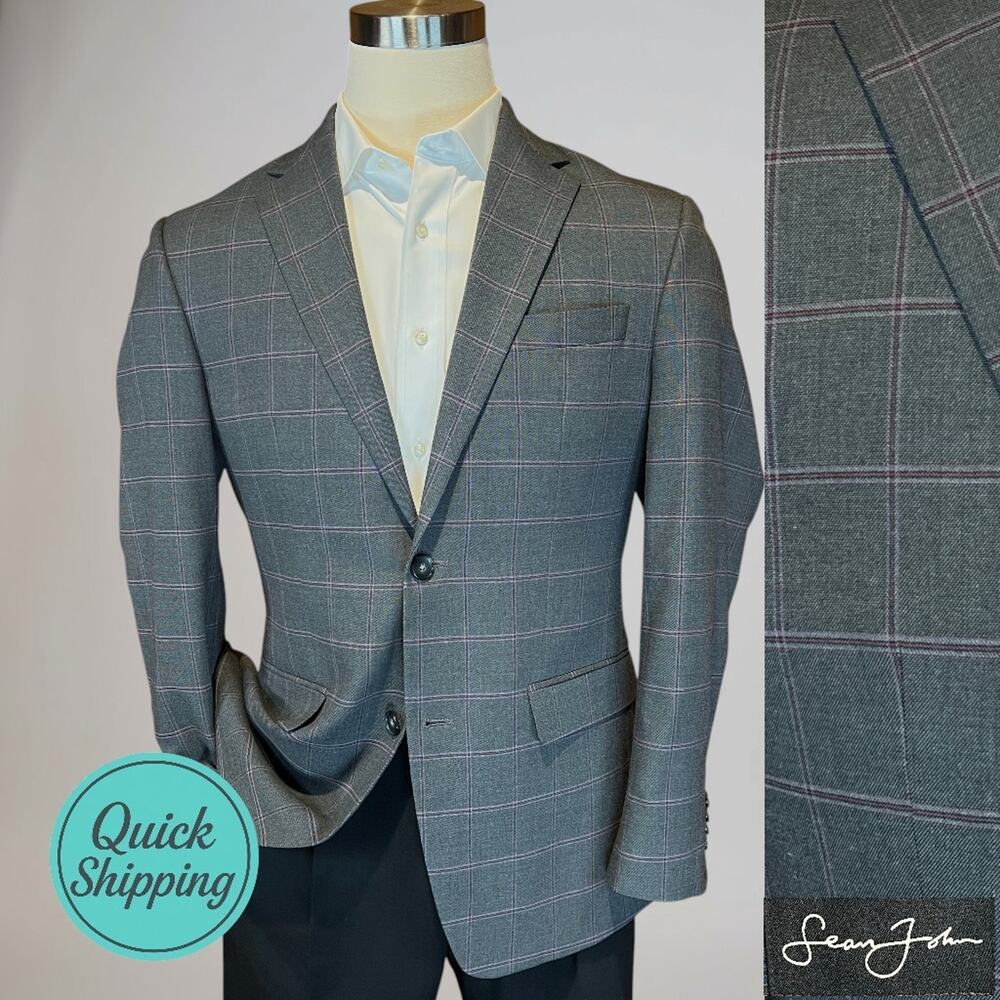 Sean John Mens 38R Gray Purple Plaid Casual Blazer Sport Coat Jacket